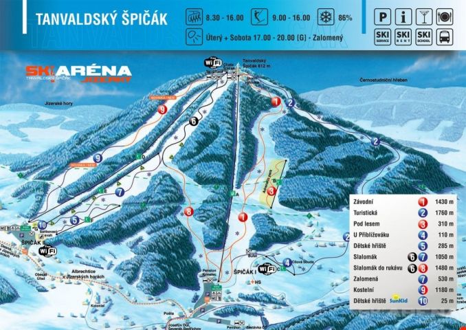 Mapa Ski areál Tanvaldský Špičák | Kam na lyže v Jizerských horách | Chalupa Amálka pronájem chalupy Jizerské hory