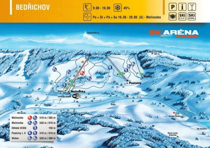 Mapa Ski areál Bedřichov | Kam na lyže v Jizerských horách | Chalupa Amálka pronájem chalupy Jizerské hory